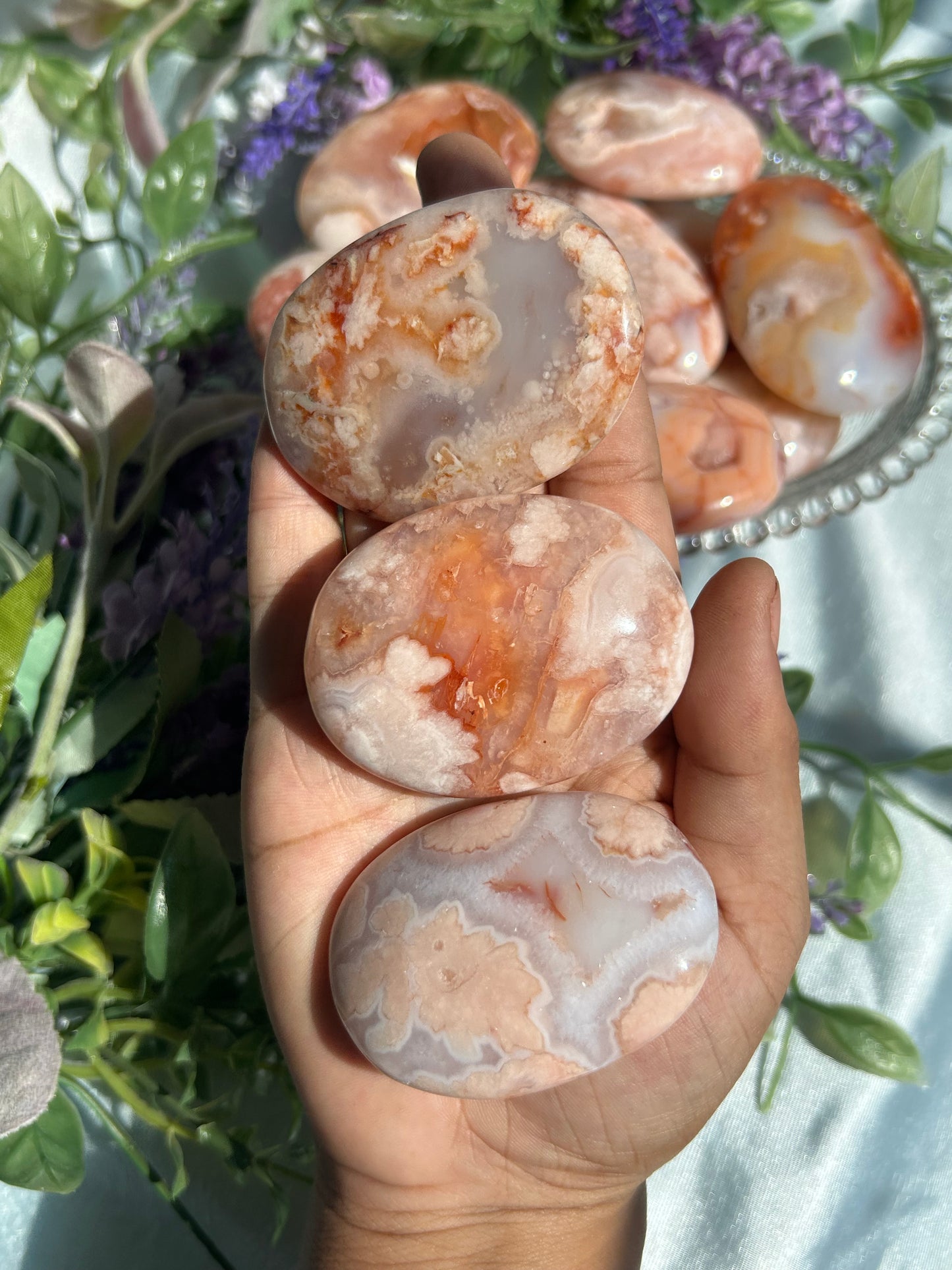 PINK CARNELIAN X FLOWER AGATE PALMSTONES